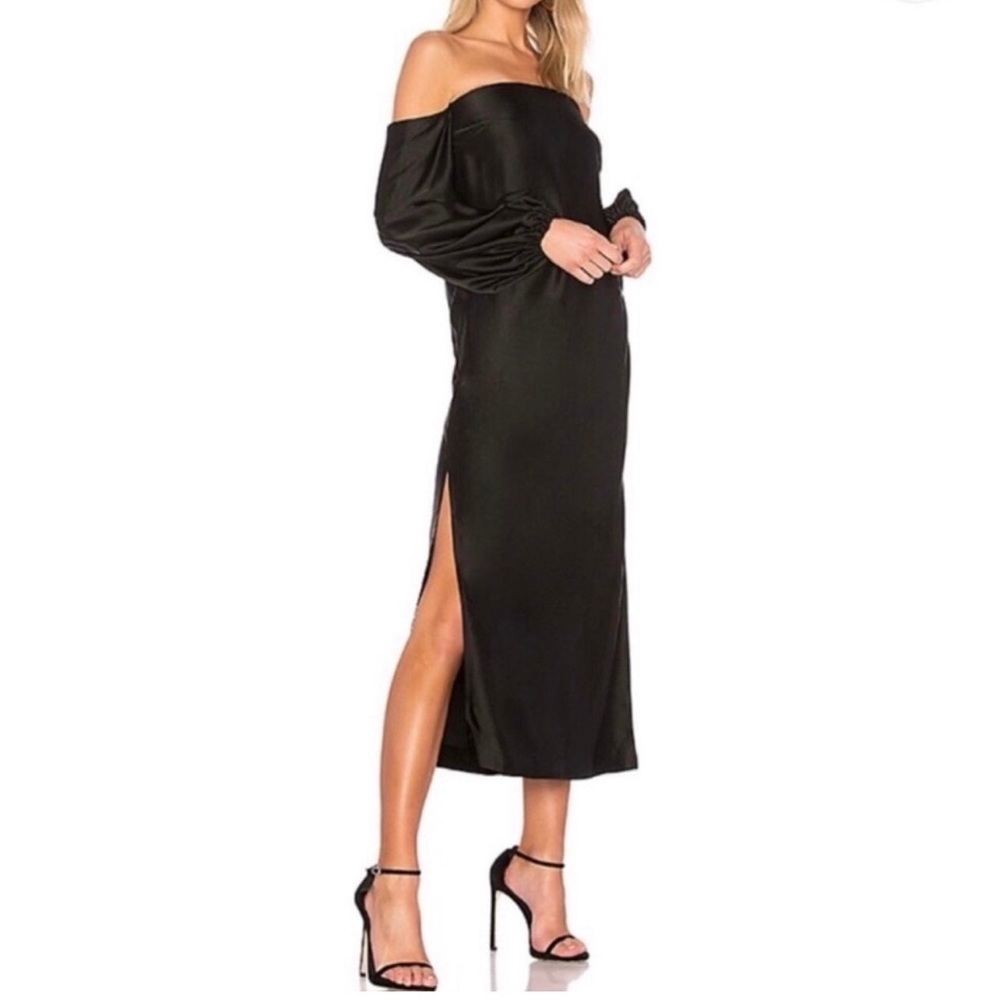 Elizabeth and James black silk off the shoulder dress